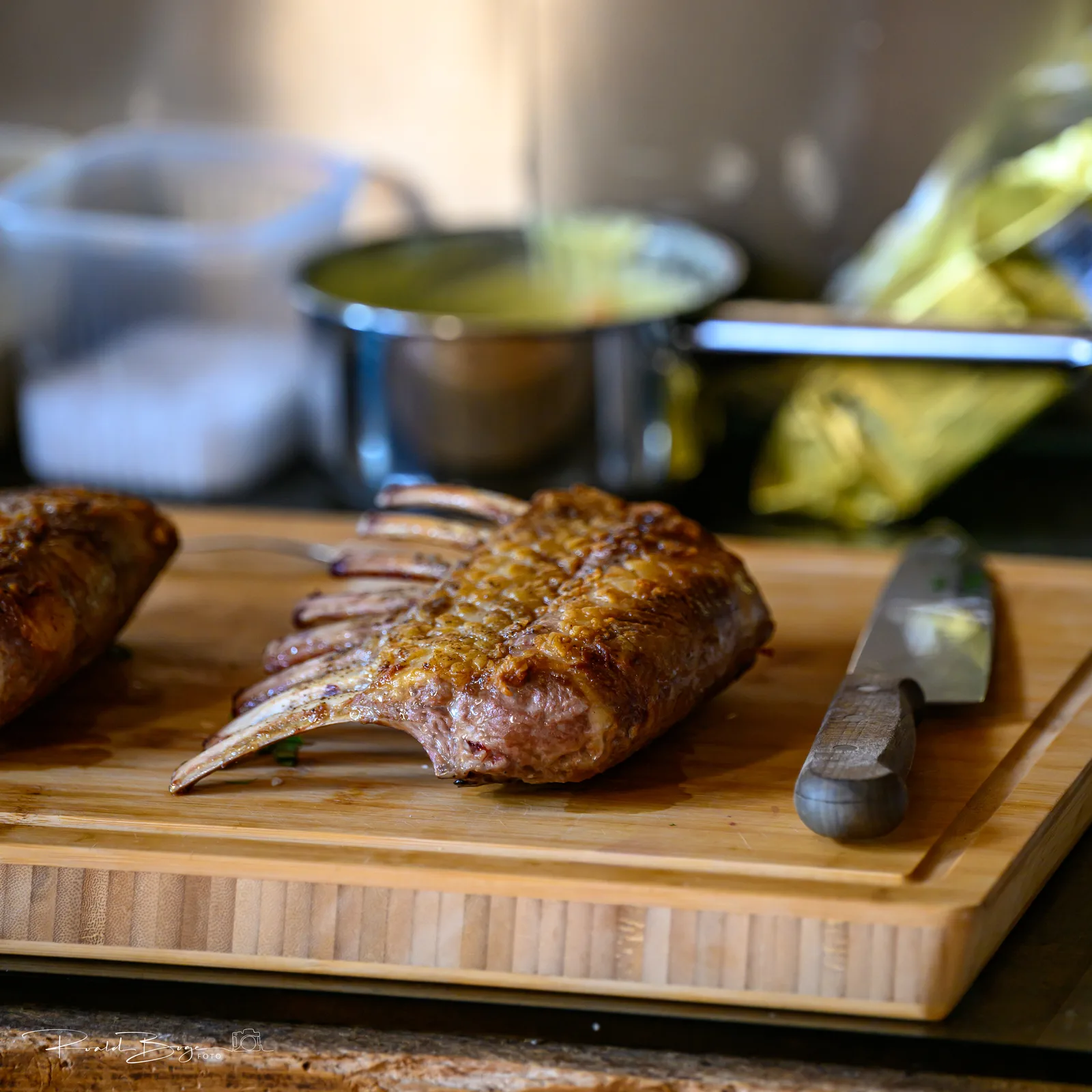 Rack of lamb on a cutting board
